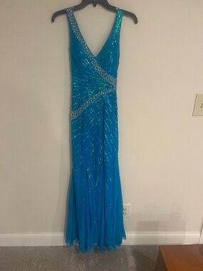Nordstrom Sean Formal Sequined Long Prom Dress Teal Aqua Blue Size 2 Criss Cross